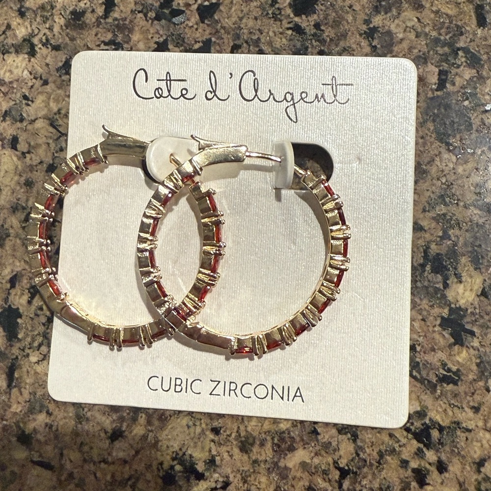 Gold and Red Hoop Earrings